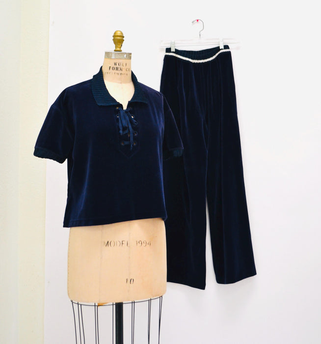 Vintage 90s Sonia Rykiel Navy Blue Velvet Velour Track Suit Nautical Beach Loungewear Sweat Shirt Sweatsuit Wide leg Pants Made in Paris