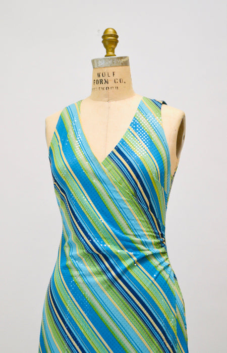 90s 2000s Y2k Vintage Club Dress Blue gren Knit Metallic Disco Dress Medium Stretch Dress// 2000s y2k Party Club Prom Dress Large