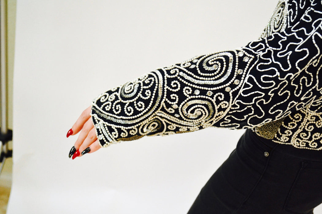 80s 90s Vintage Beaded Sequin Shirt Top Black White Silver Medium Large Art Deco Flapper Inspired Beaded Top Shirt Judith Ann Creations