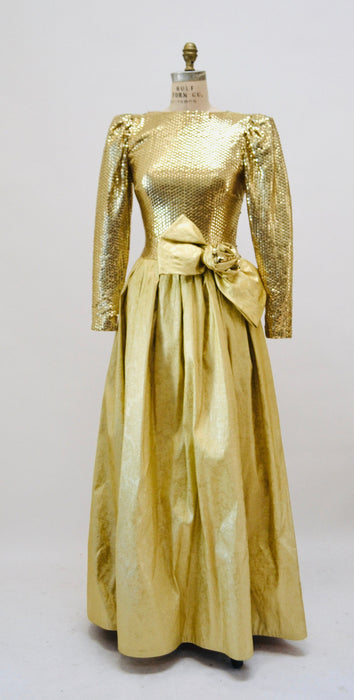 70s 80s Gold Sequin Metallic Ball Gown Dress 80s Gold Sequin Prom Dress Small Medium By Mignon // 80s Vintage sequin Gold Pageant Dress