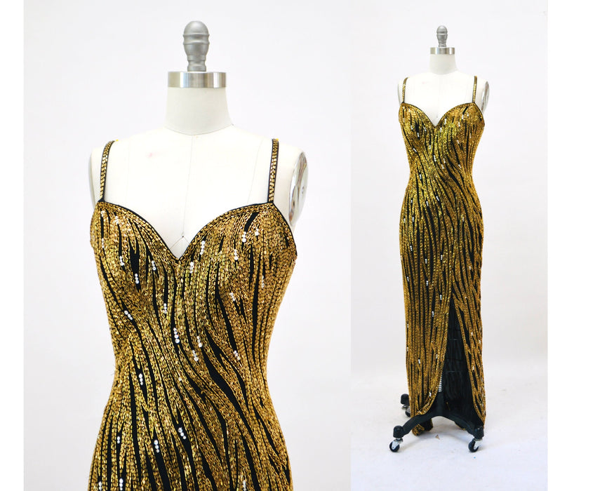 80s 90s Vintage Beaded Sequin Gown Dress By Bob Mackie Gold Black Tiger Stripe Long Sleeve Sequin Gown BoB Mackie Cher Sequin Dress Small