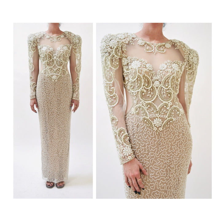 80s 90s Vintage White Beaded Gown Dress Small Medium Lillie Rubin // Vintage Wedding Gown White Sheer Beaded Long Dress Sleeves Pageant
