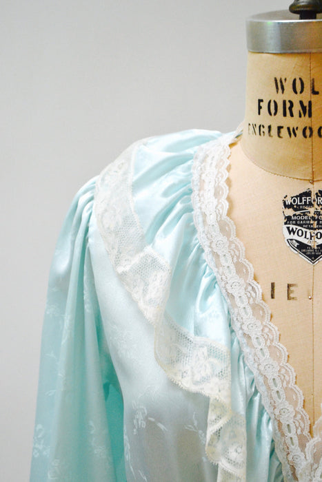 80s Vintage Blue Satin Robe Nightgown Blue lace Wedding Honeymoon Lingerie// Vintage Robe Lingerie Something Blue Large by Carole Hochman