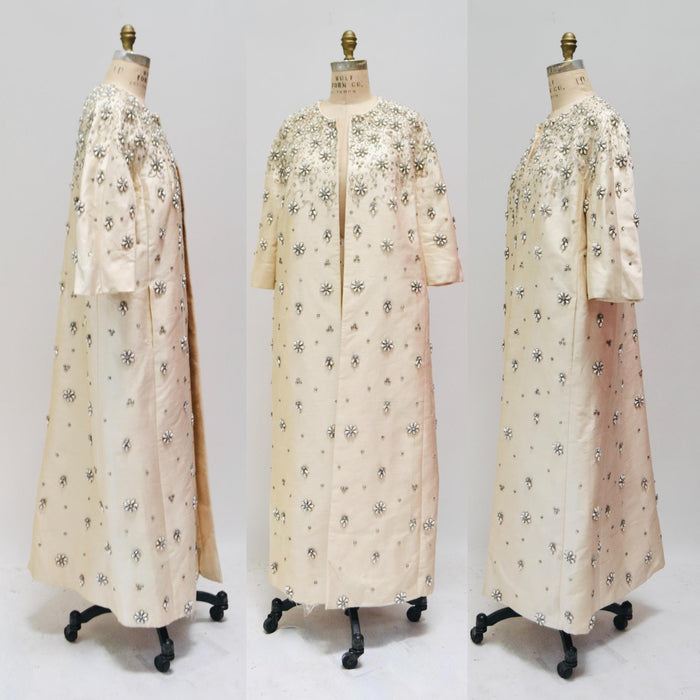 60s Vintage Cream Silver Pearl Beaded Wedding Party Jacket Medium 60s Wedding Opera Evening Jacket Coat White Cream Beaded Jacket Ruth Roman