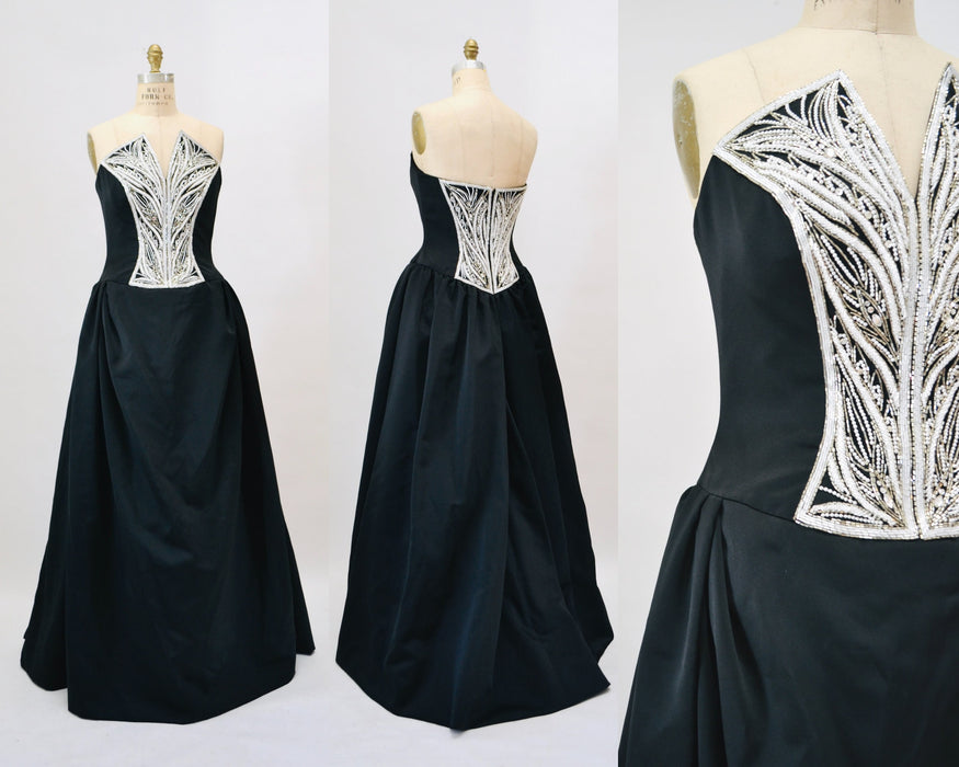 Vintage Bob Mackie Black Evening Ball Gown Small Medium Black Beaded Strapless Evening Gown Dress 90s 00s Dress Beaded Strapless Ball Gown