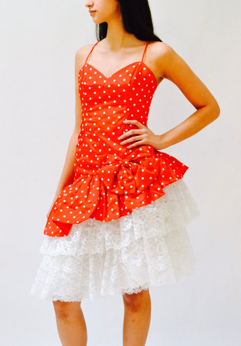 80s Prom Dress Red Polka Dot Party Dress XS Small Loralie // 80s Red Prom Dress Minnie Mouse Polka Dot Dress Lace Crinoline Skirt XS Small