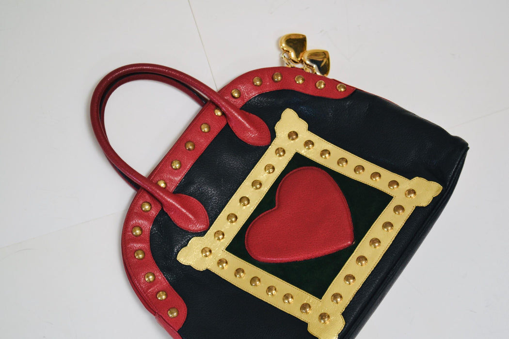 90s Vintage Moschino Bag Tote Black Leather Red Heart Moschino Purse Bag Black Leather 90s Love heart ART IS LOVE Studded Leather Bag