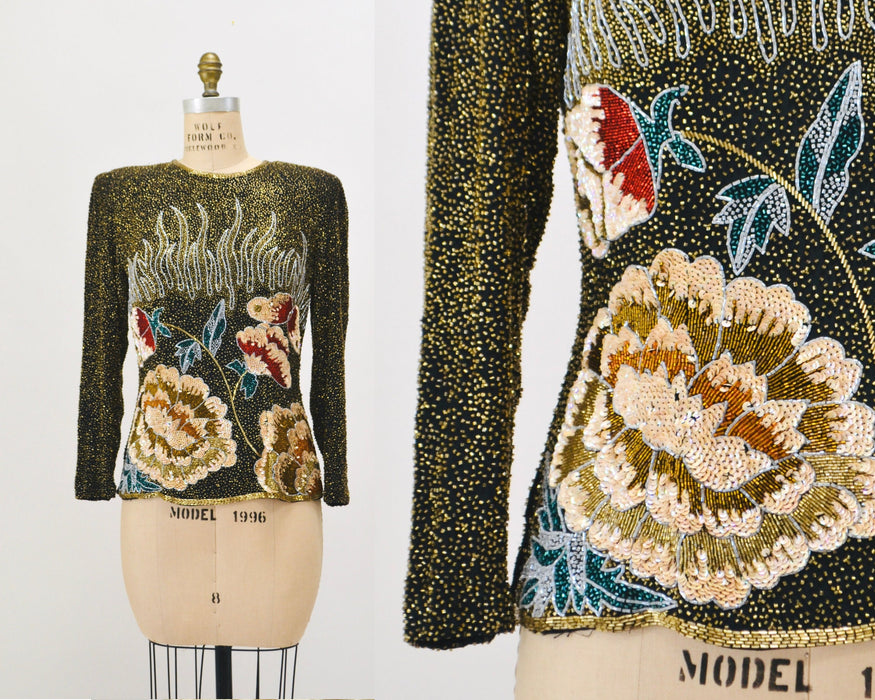 80s 90s Vintage Beaded Shirt Top Gold Floral Sequin Top Flowers// Vintage Beaded Party Top Flower Sequins Christmas Xmas New Years Party Top