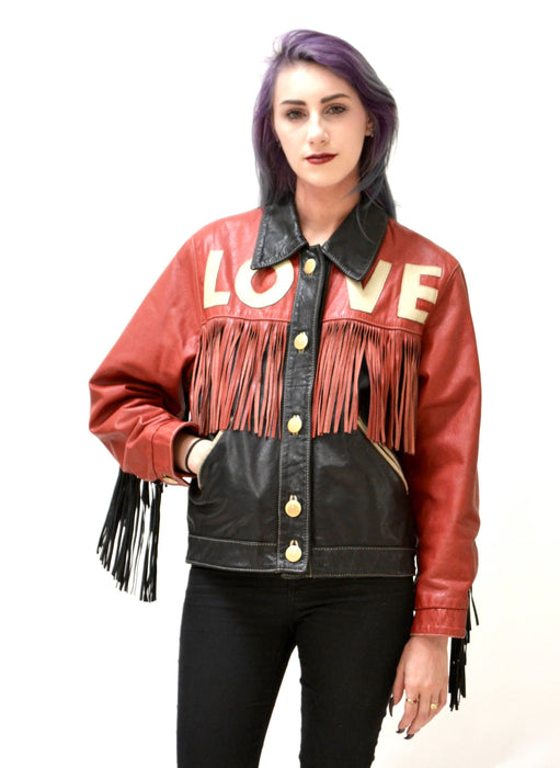 90s Vintage Moschino Leather Jacket Love Fringe Heart Red and Black Navy Moschino Jeans Made In ITaly