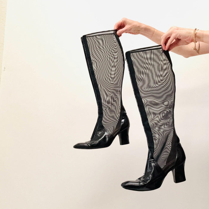 1970s 80s Vintage Knee High Boots Size 38 7  7 1/2 Ombeline Maud Frizon Black Mesh and Leather Boots High Heel Knee High Black Leather Boots