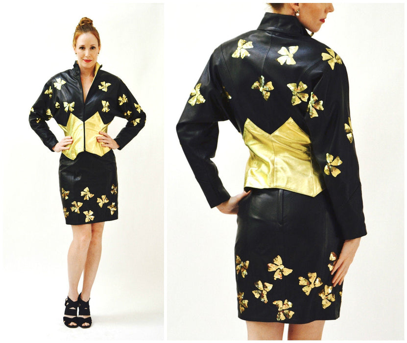 Vintage Black Leather Skirt Size Small Metallic Gold Sequin Bows Black leather Skirt 80s Glam By Lillie Rubin