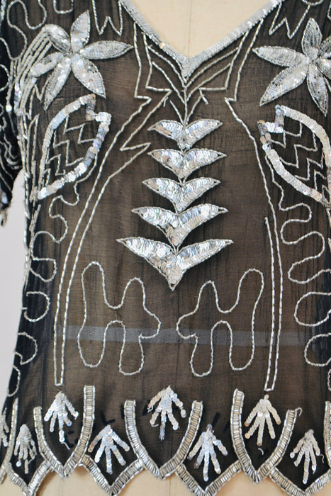 70s 80s Glam Vintage Black Silver Sequin Top Shirt Small Medium Art Deco Flapper Disco Inspired Metallic Sequin Top Silver Black Silk