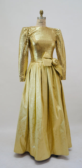 70s 80s Gold Sequin Metallic Ball Gown Dress 80s Gold Sequin Prom Dress Small Medium By Mignon // 80s Vintage sequin Gold Pageant Dress