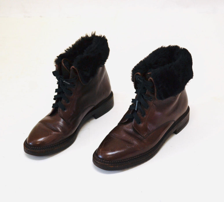 Vintage Brown Fur lined Leather Boots Size 36 6 By Tanino Crisci // Vintage 80s Brown Lace up Shearling Fur Boots 36 5 1/2 6 Made in Italy