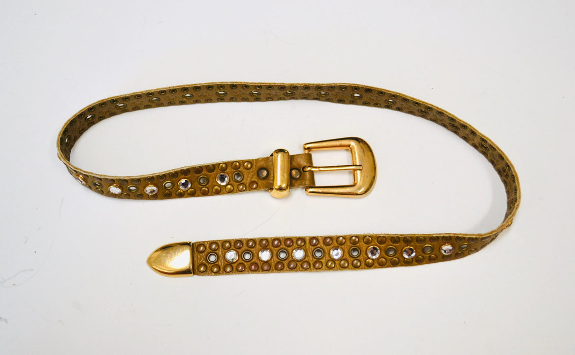 90s 2000s Vintage Gold Rhinestone Belt Brown Leather Gold Rhinestone Belt Small 29" Rhinestone Studded leather Belt