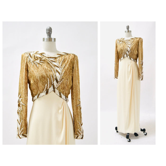 80s 90s Vintage BOB MACKIE White Cream Beaded Gold Sequin Gown Dress Size Small// Vintage Wedding Gown Beaded Long Sleeve Pageant Dress