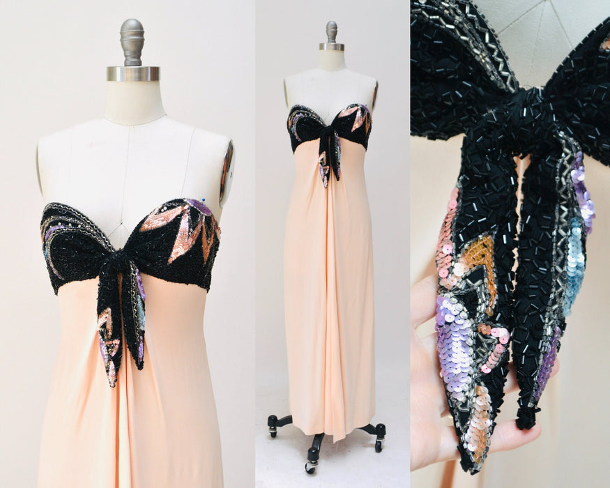 80s 90s Vintage Silk Sequin Gown Dress XXS XS By Bob Mackie Silk// Vintage Wedding Silk Pink Peach Black Gown Sequin Strapless Silk Dress