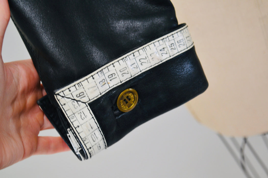 90s Vintage Black Leather Jacket by Moschino Leather Small Made in Italy// 90s Black Leather Jacket Tape Measure Trim Designer Seamstress