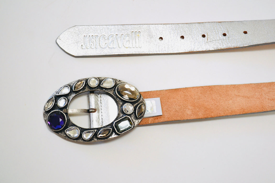 Y2K 2000s Just Cavalli Silver Leather Belt Rhinestone Crystal Belt Buckle Silver Leather Studded Belt Buckle 33-37" Roberto Cavalli Belt
