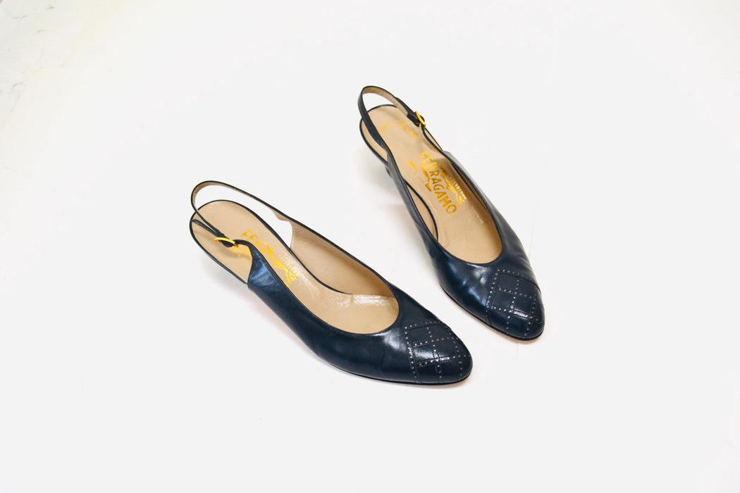 Vintage Salvatore Ferragamo Navy Blue Low High Heels Shoes 8 1/2 AAA Navy Blue Leather Sling Back High Heel Vintage Ferragamos Made in Italy