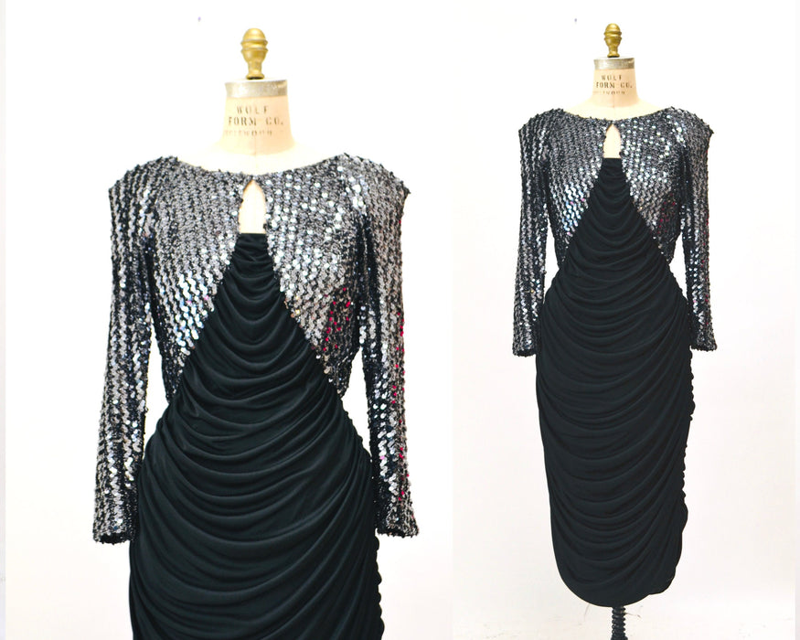 70s 80s Vintage Black Stretch Disco Sequin Dress Medium// 70s 80s Black Metallic Sequin Sexy Knit Dress 70s Disco Party Body Con Dress