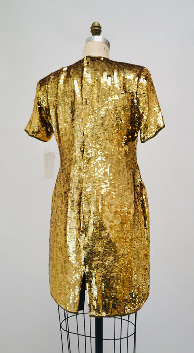 80s 90s Vintage Gold Sequin Dress Vintage Gold Metallic Dress Small Medium// Sequin Dress Flapper Inspired Cher Dress 80s Glam