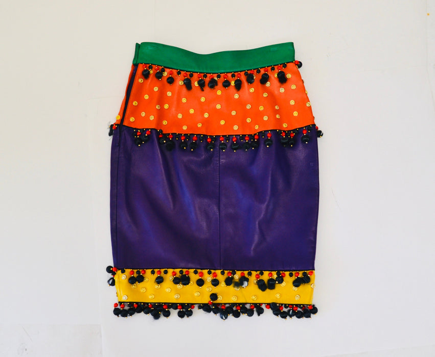 vintage 90s Moschino Rainbow Leather SKIRT 1991 Spring Summer Moschino Studded Flower Leather Skirt Red Blue Green Yellow Made in ITaly