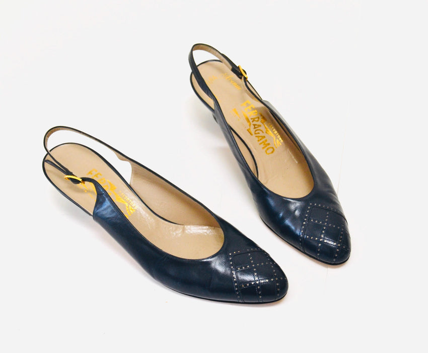 Vintage Salvatore Ferragamo Navy Blue Low High Heels Shoes 8 1/2 AAA Navy Blue Leather Sling Back High Heel Vintage Ferragamos Made in Italy
