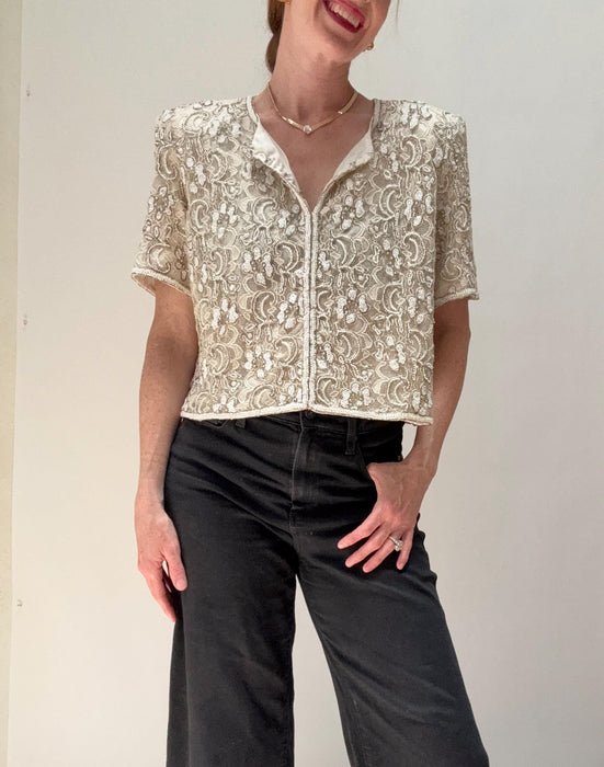 Vintage Cream White Lace Beaded Shirt Jacket Top Medium Large Cream White Lace Wedding Top Jacket// Vintage Summer Wedding Lace Jacket Large