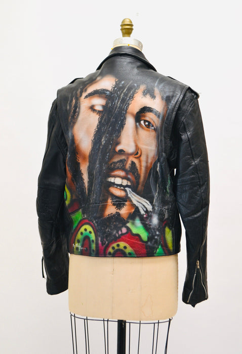 90s Vintage Black Leather Jacket with Bob Marley //Vintage Leather Jacket LA Roxx Bob Marley Reggae Music Air Brushed Painted Leather Jacket