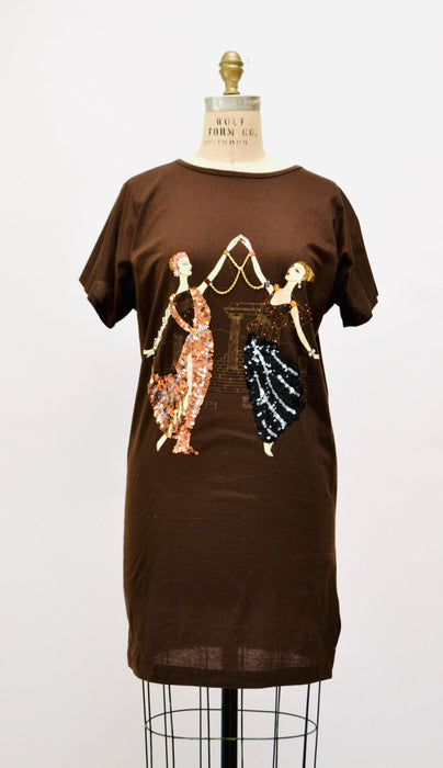 80s Vintage T Shirt Tunic Brown Beaded George Barbier Fashion Illustration Printed Sequin Beaded Erte Top Shirt French Art DIDIER RONSARD