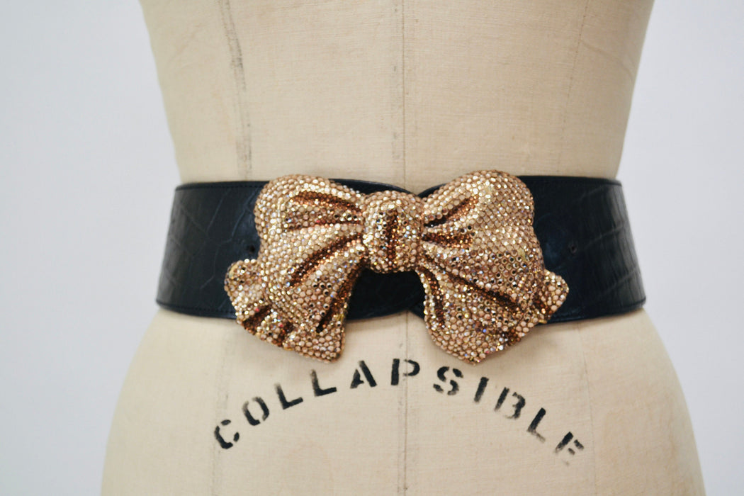 90s Vintage Katherine Baumann Beverly Hills Swarovski Crystal Rose Gold Bow Belt Buckle Metallic Rhinestone Belt Buckle Large BOW