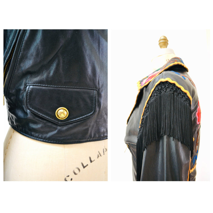 Vintage 90s Black Leather Jacket by Moschino Cheap & Chic with Fringe Red Roses Flowers Small Medium// Black Leather Biker Jacket Fringe