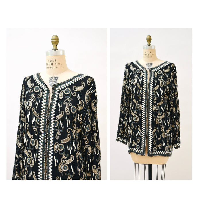 Vintage Beaded Metallic Embroidered Jacket Black Silver Paisley Jacket // Vintage Black Embroidered Jacket Art Deco Beaded Jacket