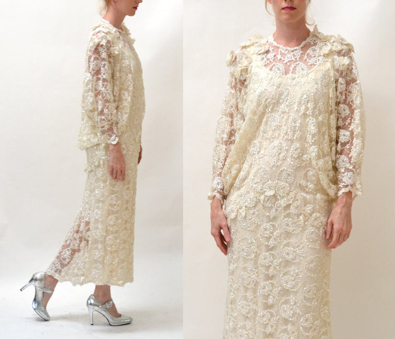 80s does 20s Vintage Lace Dress Medium Large Cream Off White// Vintage Sequin Lace Wedding Dress Long Sleeves Flapper Inspired Metallic Gown