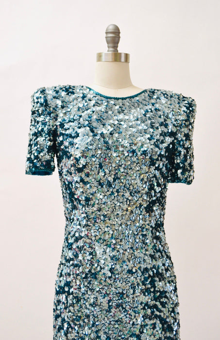 80s 90s Glam Vintage Blue Sequin Dress Size Small Blue Metallic Sequin 80s 90s Prom Party Dress// 80s Vintage Blue Trophy Pageant Dress
