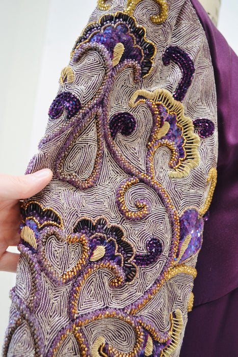 90s Vintage Silk Beaded Sequin Metallic Jacket and Strapless Dress by Raoul Arango Purple Wine Cocktail Dress Sequin Bolero Jacket Medium