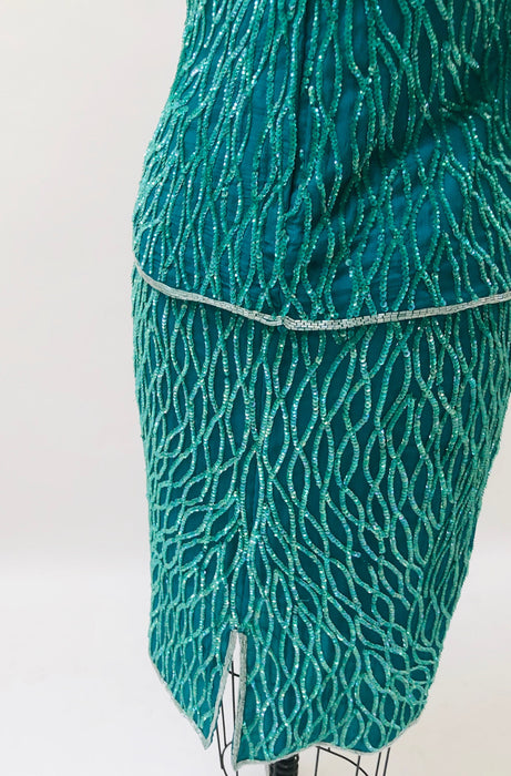 80s 90s Vintage Sequin Top Skirt Dress Set Medium 80s 90s Glam Skirt Top Dress  Blue Green Teal  90s Party Dynasty Flapper Costume