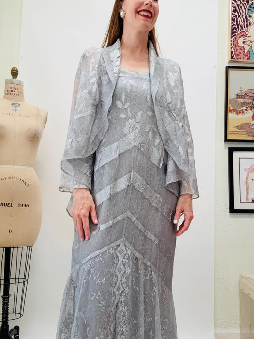 90s Vintage Gray Lace Sleeveless Dress and Jacket Wedding Reception Metallic Silver Gray Casual Lace Dress and Jacket Small Medium Damianou