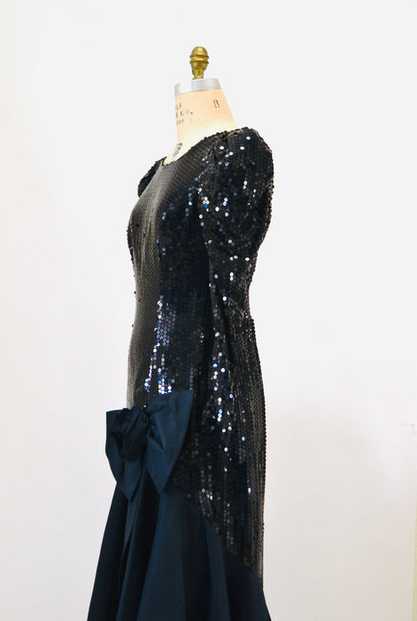 80s 90s Black Vintage Sequin Dress Evening Gown Medium// 80s Pageant Dress Black Sequin Ball Gown Dress Long Sleeve Conservative Nadine