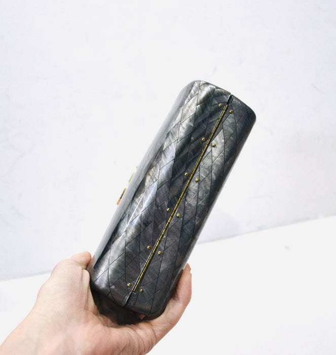 70s 80s Vintage Grey Clutch Hard Case Acrylic Faux Mother of Pearl Clutch Bag// Vintage Grey Gold Hard Acrylic Evening Bag Clutch Small Bag