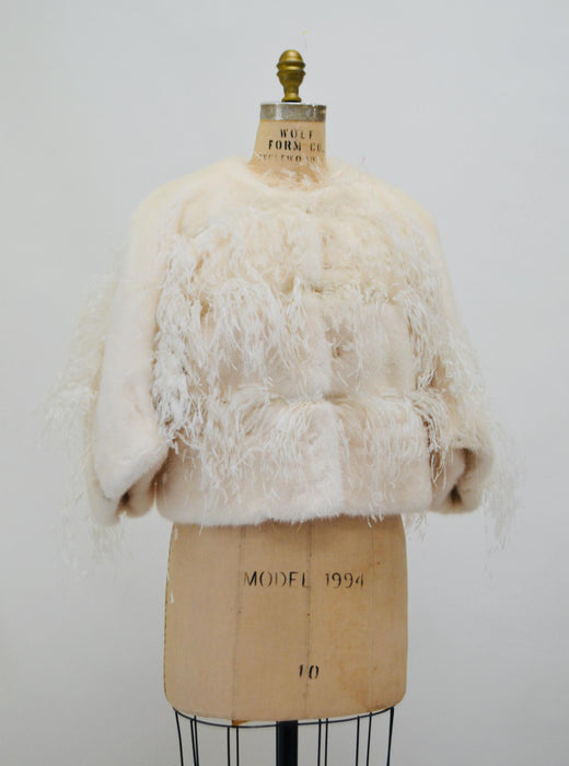 Vintage Ralph Rucci White Feather Mink Jacket// Wedding Fur Vintage Cropped Jacket// Vintage White Cream Mink Feather Winter Wedding Jacket