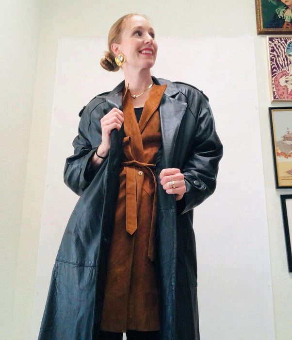 80s 90s Gorgeous Vintage Black Leather Jacket Trench Coat Long Black Leather Jacket Small Medium // Vintage Black Leather Trench Coat Jacket