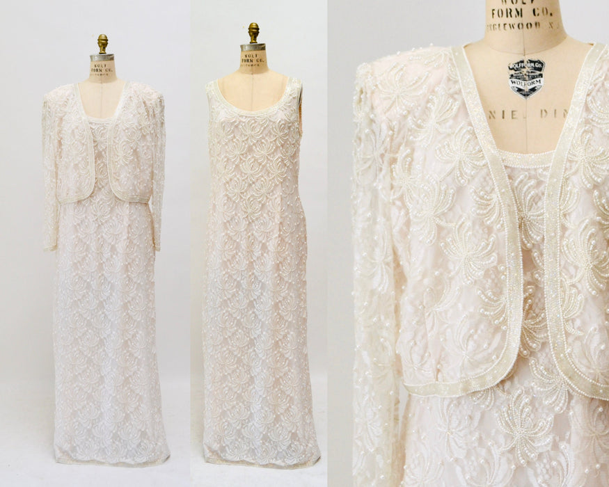 90s Vintage Cream White Lace Beaded Party Wedding Gown Beaded Pink White Lace Jacket Large// Vintage Beaded Pearl Lace Wedding Dress large