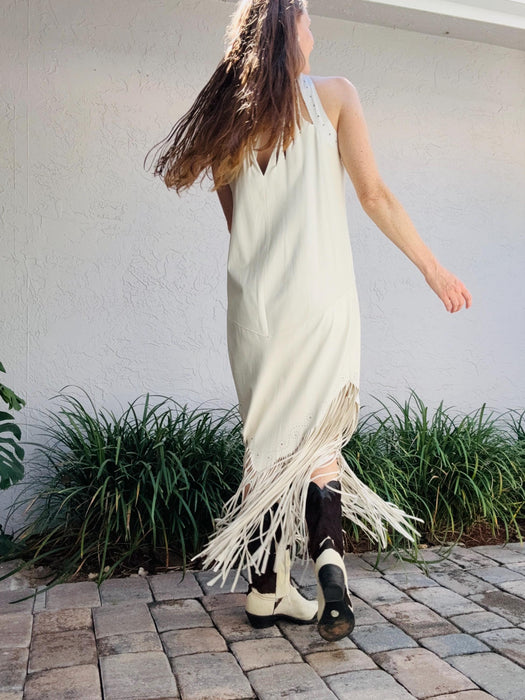 70s 80s Vintage White Leather Fringe Dress and Fringe Leather Cape 80s Country Music Western Wedding Cowgirl Dress by Mandana Medium