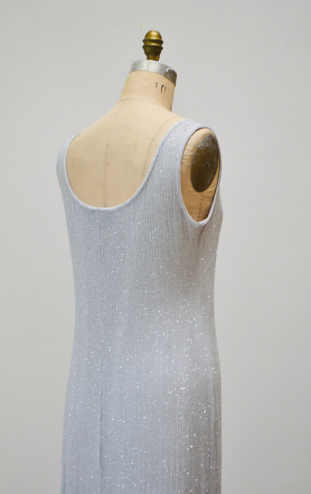 90s 00s Y2k Vintage Silver Grey Metallic Tank Dress Long Grey Knit Prom Party Dress Large XL 00s Silver Knit Maxi Tank Dress Silver Glitter