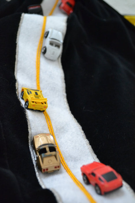 80s 90s Vintage Jacket by Bonnie Boerer Black Bomber Race Track Toy Cars// Vintage Black Jacket with Race Cars Indy 500 Grand Prix Toy Cars