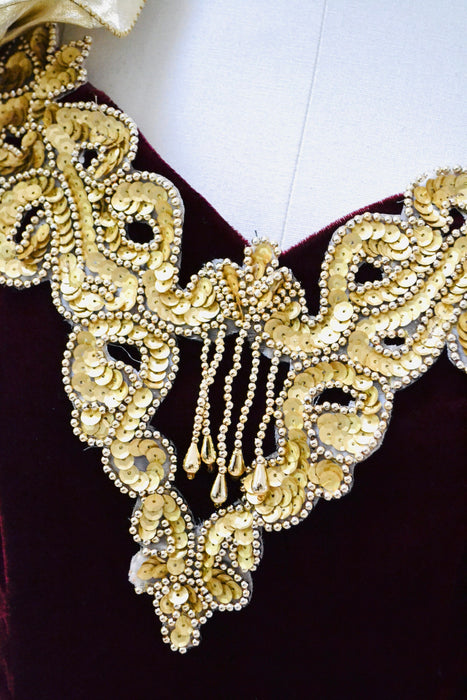 Vintage 80s Prom Dress Red Velvet Gold Metallic Evening Gown Small Medium// Vintage Dark Red Velvet gold metallic Ruffle Dress Pageant Gown