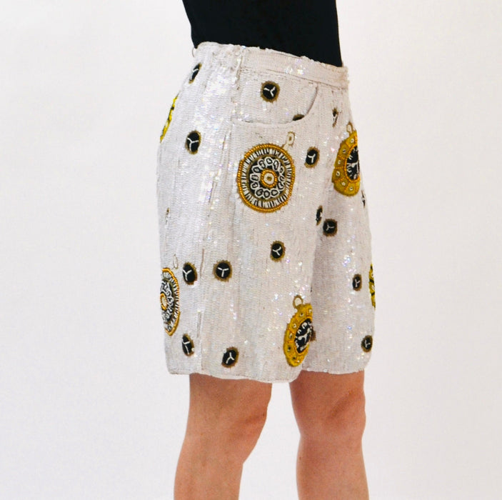 80s 90s White Sequin Shorts Nautical Boat Party Gold Stars Medium Large Talk of the Walk Casino French Collizioni Modi Sequin Jacket Shorts