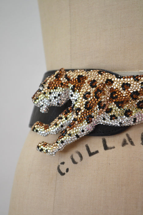 90s Vintage Katherine Baumann Beverly Hills Swarovski Crystal Panther Cheetah Leopard Belt Buckle Metallic Rhinestone Belt Buckle Large Cat
